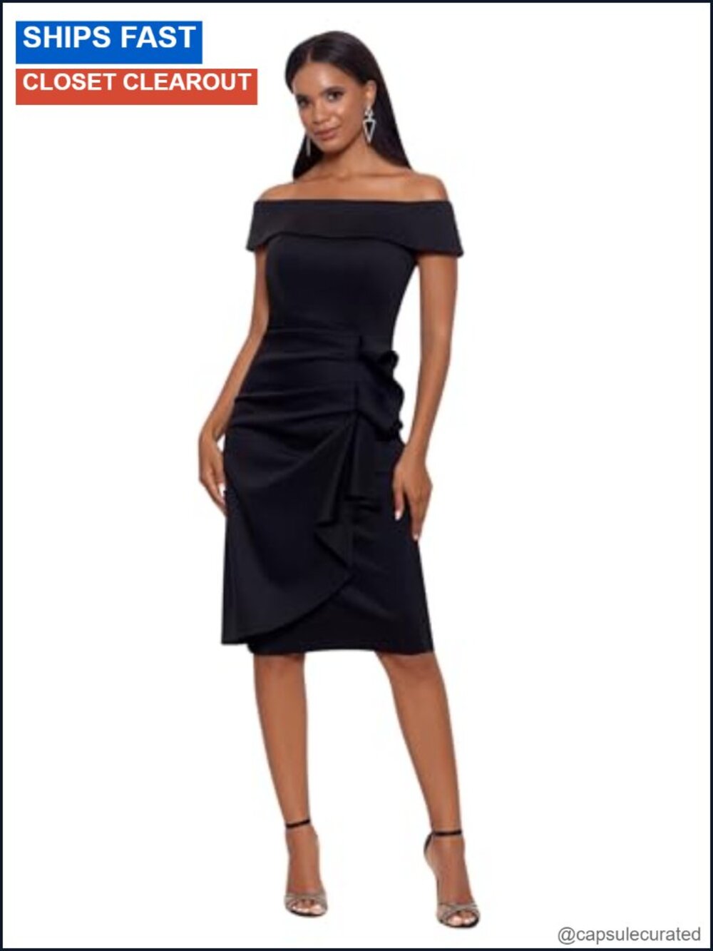 Off-The-Shoulder Knee-Length Dress Ruffled Side Detail Fitted